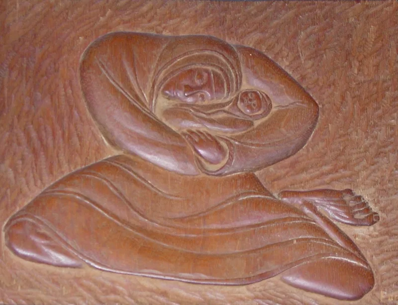 sculpture Mother and Child relief wood carving 12x16