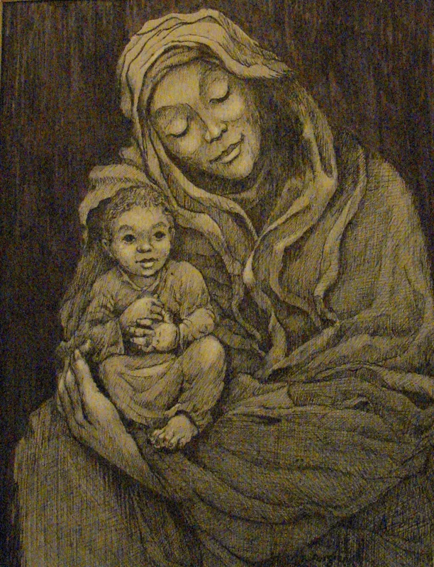 d mom & baby pen and ink 6x6