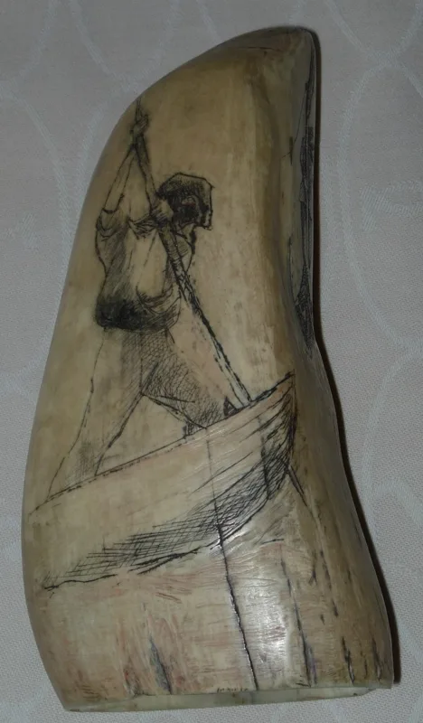 Ivory scrimshaw Whaler whale tooth 4 in.