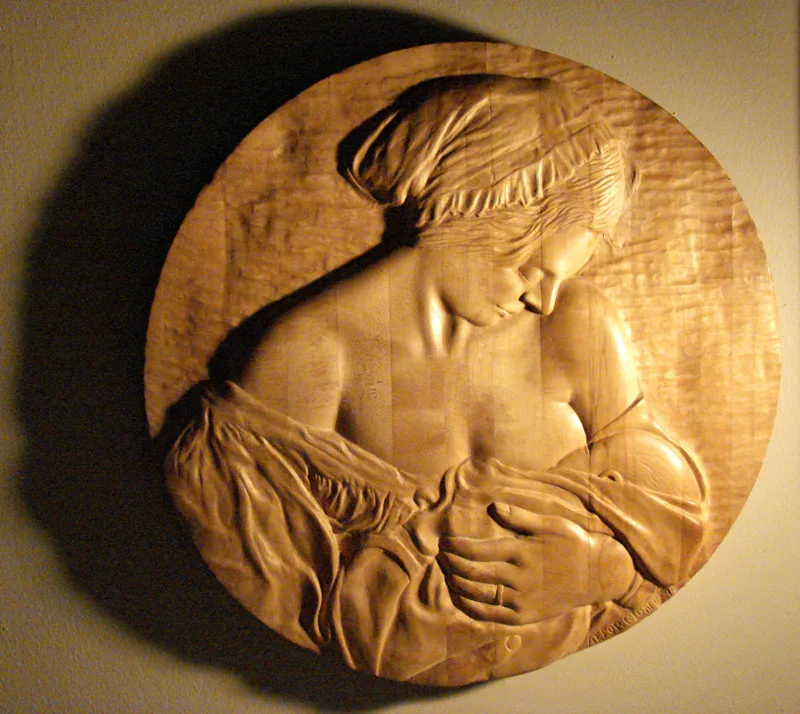 sculpture nursing mother maple wood carving 30 in. cir.